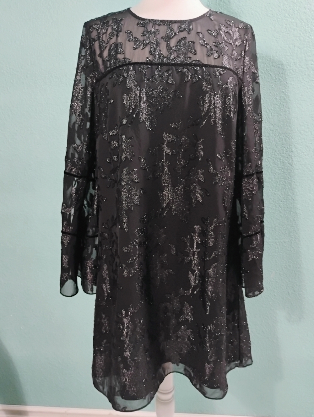 Laundry By Shelli Segal Sz 12 Black Burnout Shimmr Shift Dress Open Bell Sleeves